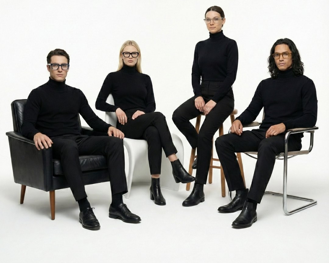 Four models in black turtlenecks